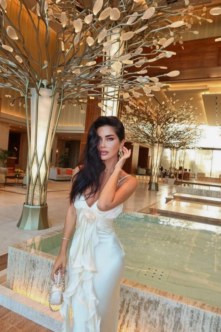 Ivory Maxi Wedding Guest Dress with Ruffles &amp; Rose Detail - Elestira