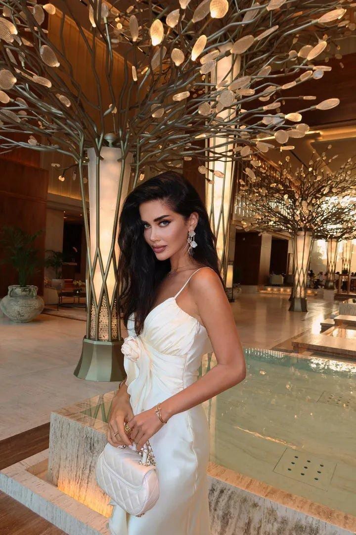Ivory Maxi Wedding Guest Dress with Ruffles &amp; Rose Detail - Elestira
