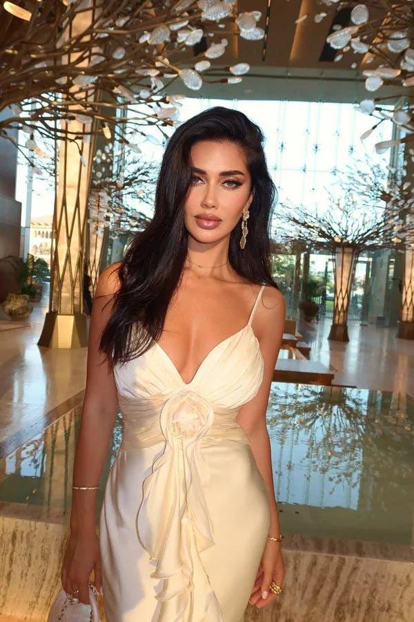 Ivory Maxi Wedding Guest Dress with Ruffles &amp; Rose Detail - Elestira