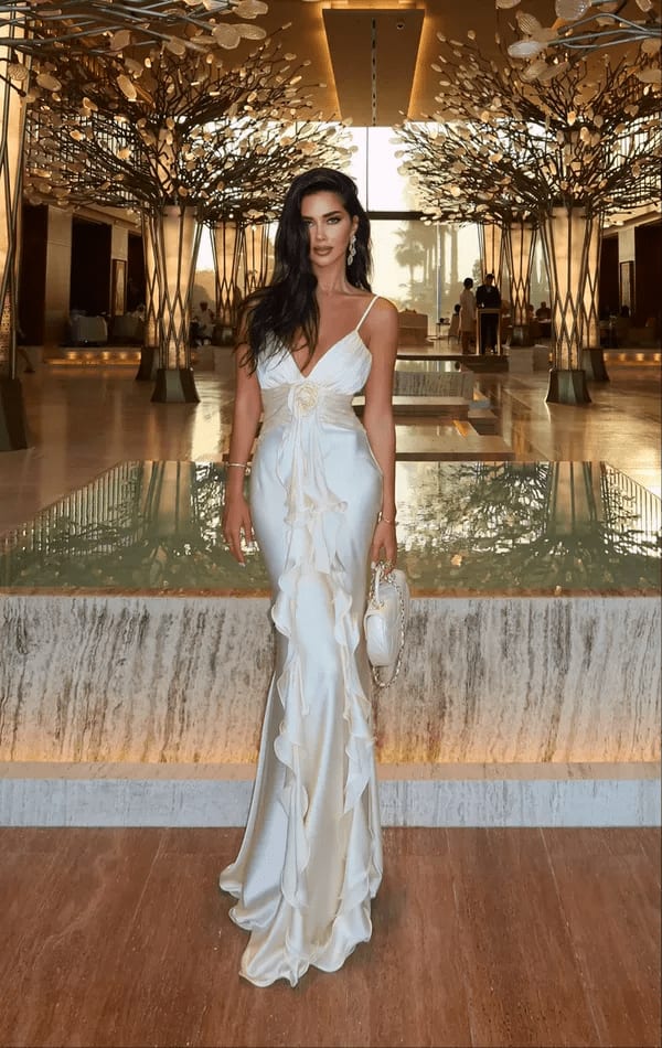 Ivory Maxi Wedding Guest Dress with Ruffles &amp; Rose Detail - Elestira