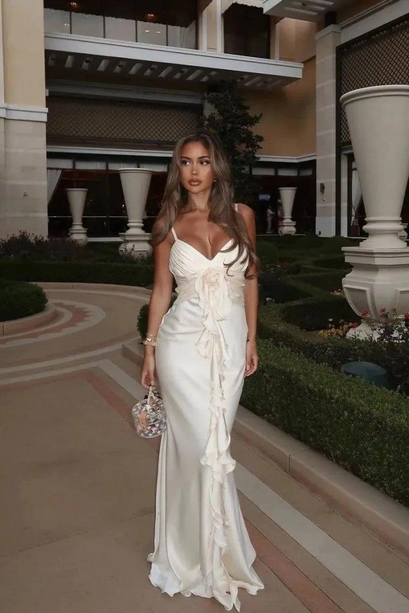 Ivory Maxi Wedding Guest Dress with Ruffles &amp; Rose Detail - Elestira