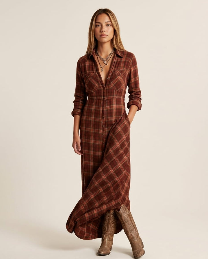 Long sleeve Maxi Shirt Dress with Button Front - Elestira