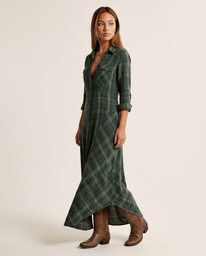 Long sleeve Maxi Shirt Dress with Button Front - Elestira