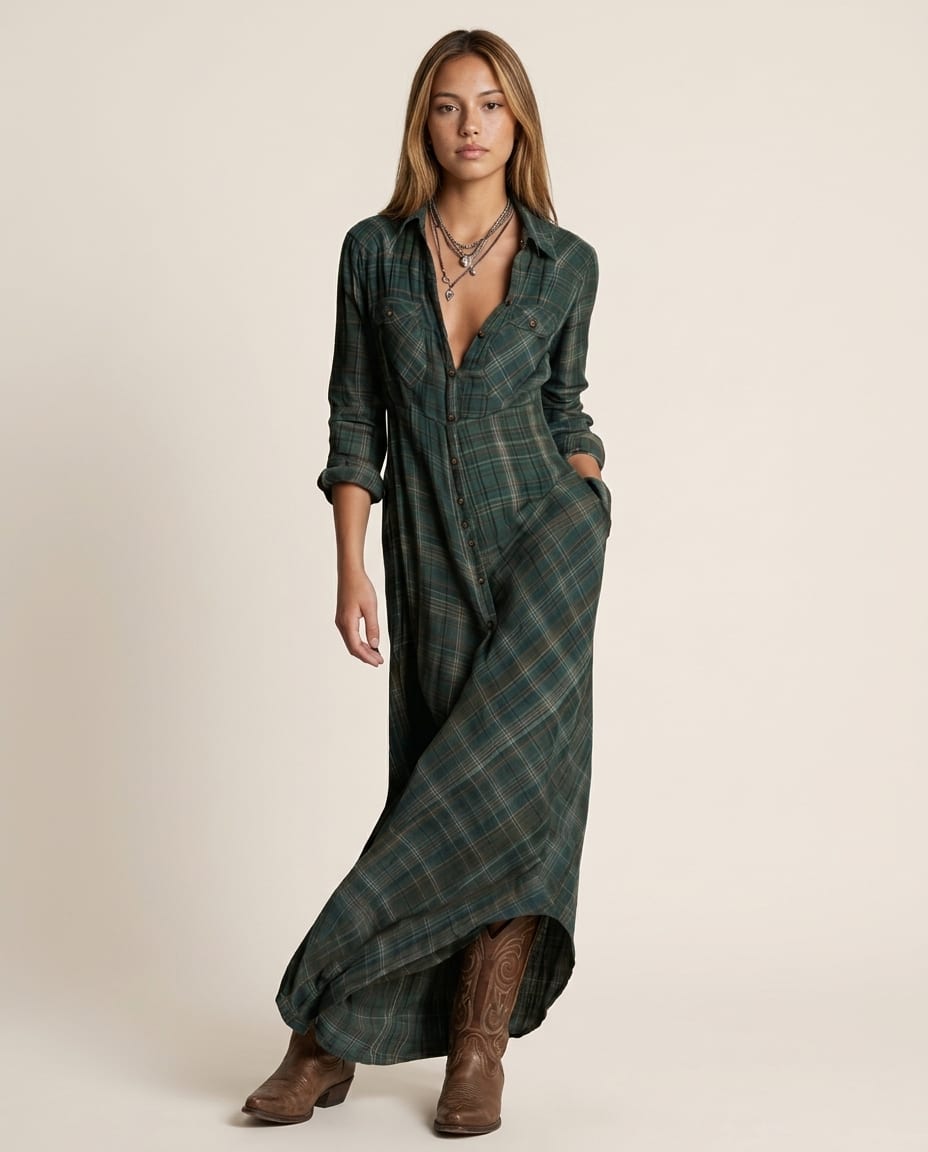 Long sleeve Maxi Shirt Dress with Button Front - Elestira