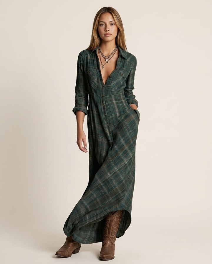 Long sleeve Maxi Shirt Dress with Button Front - Elestira