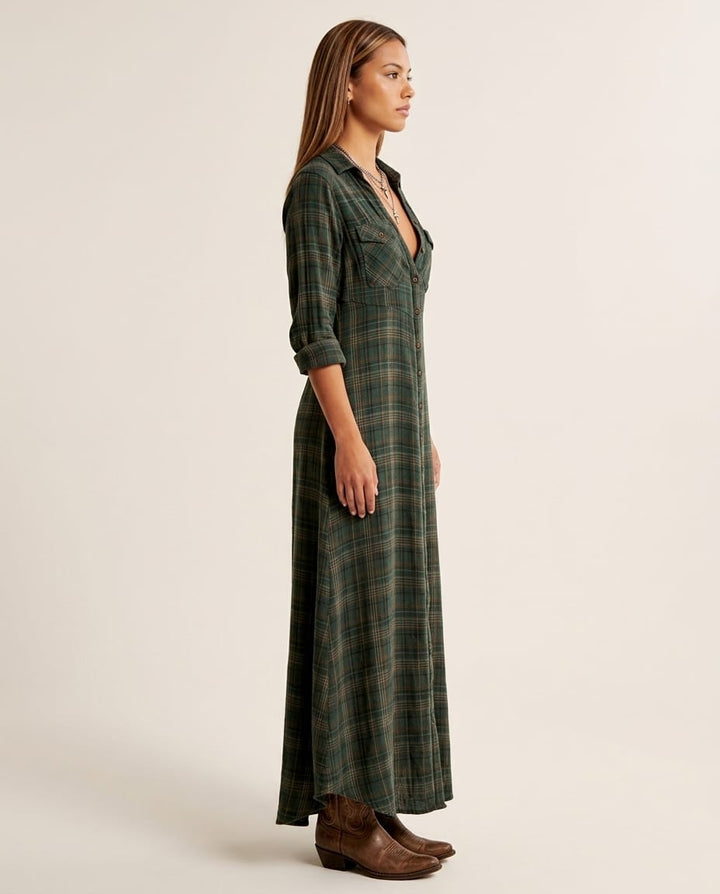 Long sleeve Maxi Shirt Dress with Button Front - Elestira