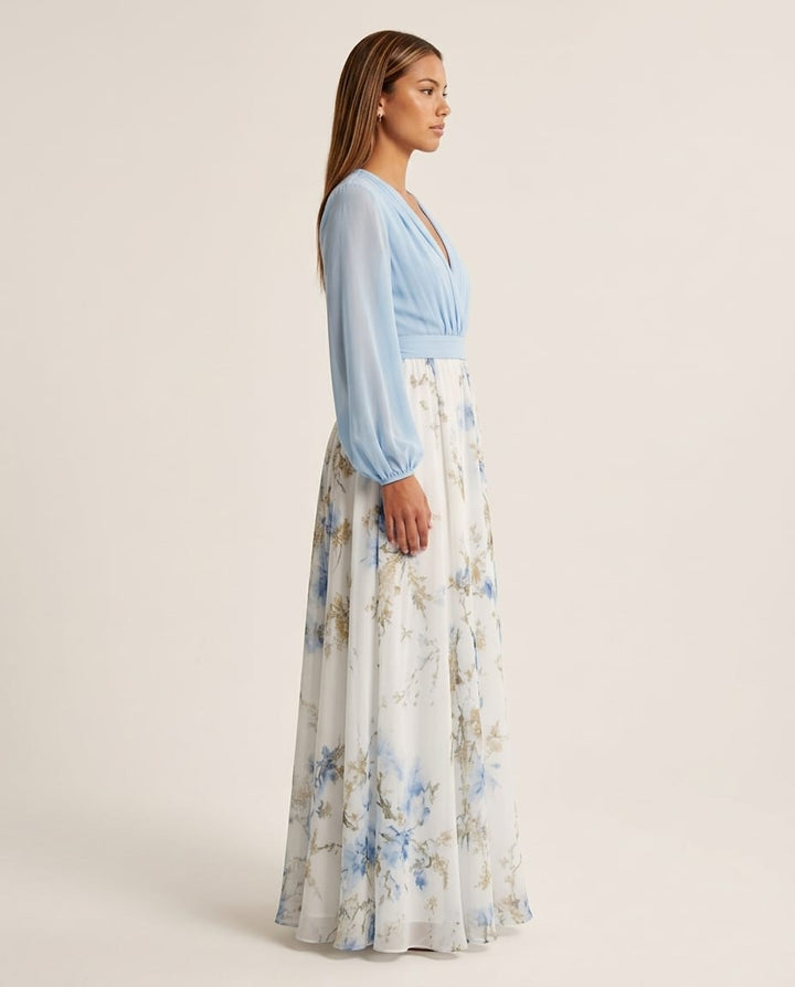 Long Sleeve V - Neck Floral Maxi Dress - Elestira