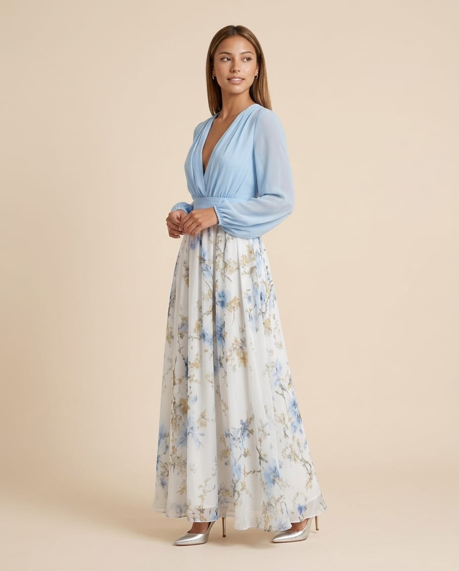 Long Sleeve V - Neck Floral Maxi Dress - Elestira