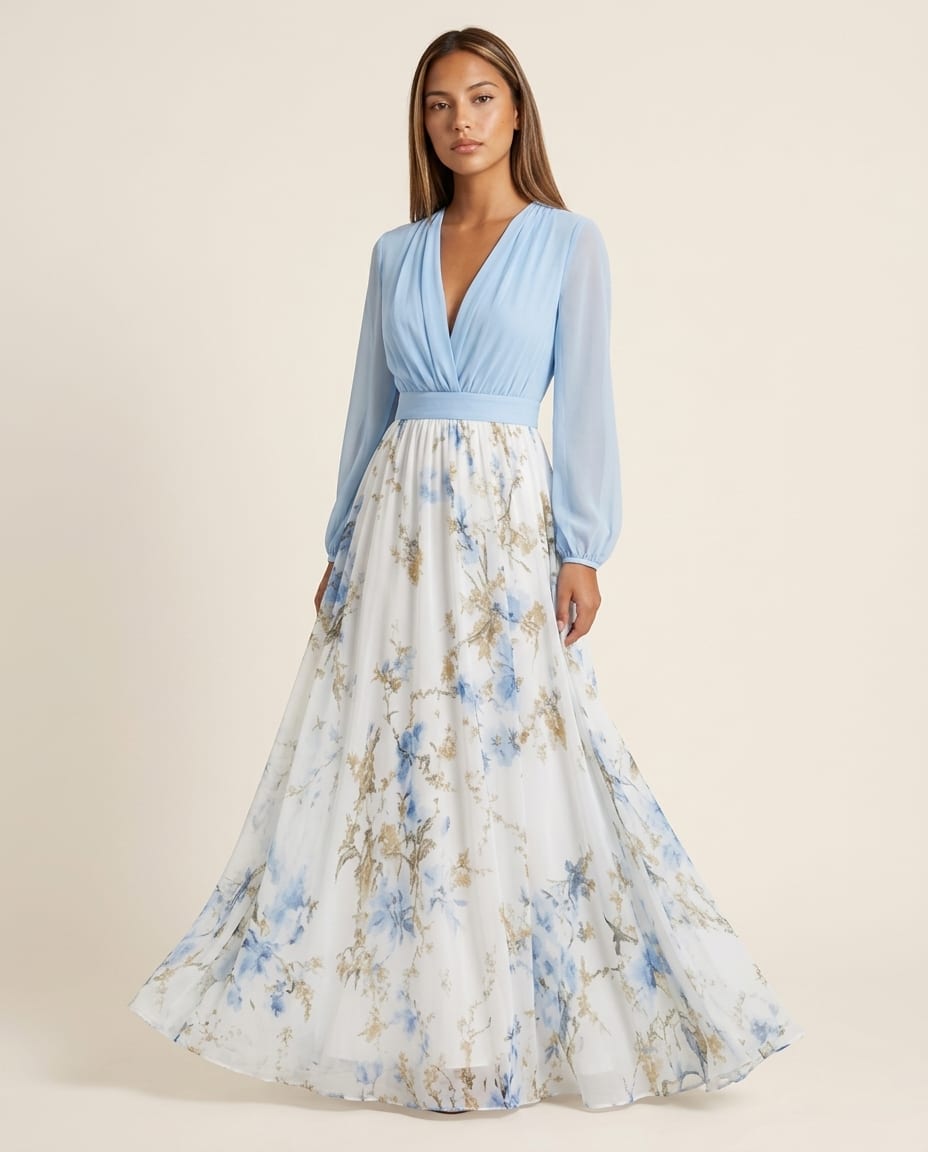 Long Sleeve V - Neck Floral Maxi Dress - Elestira