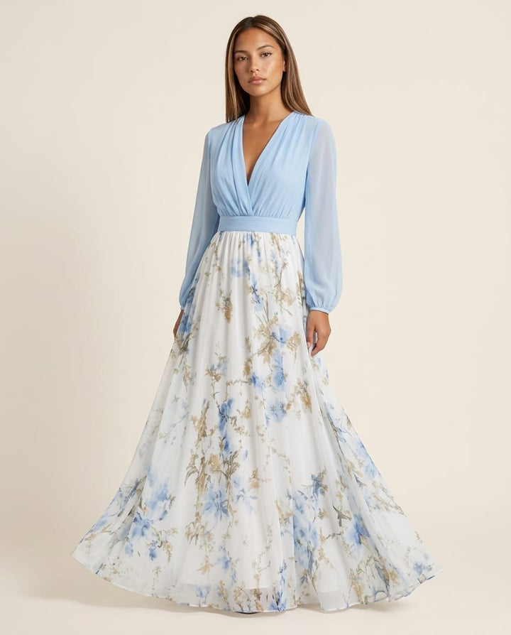 Long Sleeve V - Neck Floral Maxi Dress - Elestira