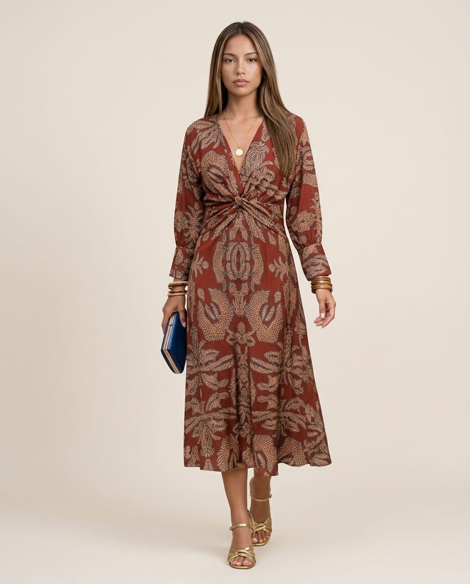 Long Sleeve V - Neck Maxi Dress with Printed Pattern - Elestira