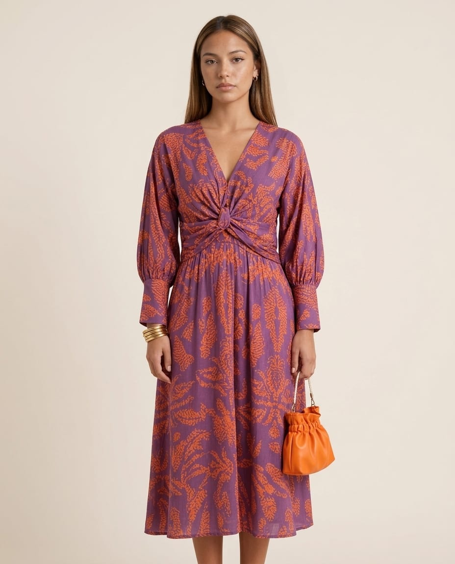 Long Sleeve V - Neck Maxi Dress with Printed Pattern - Elestira