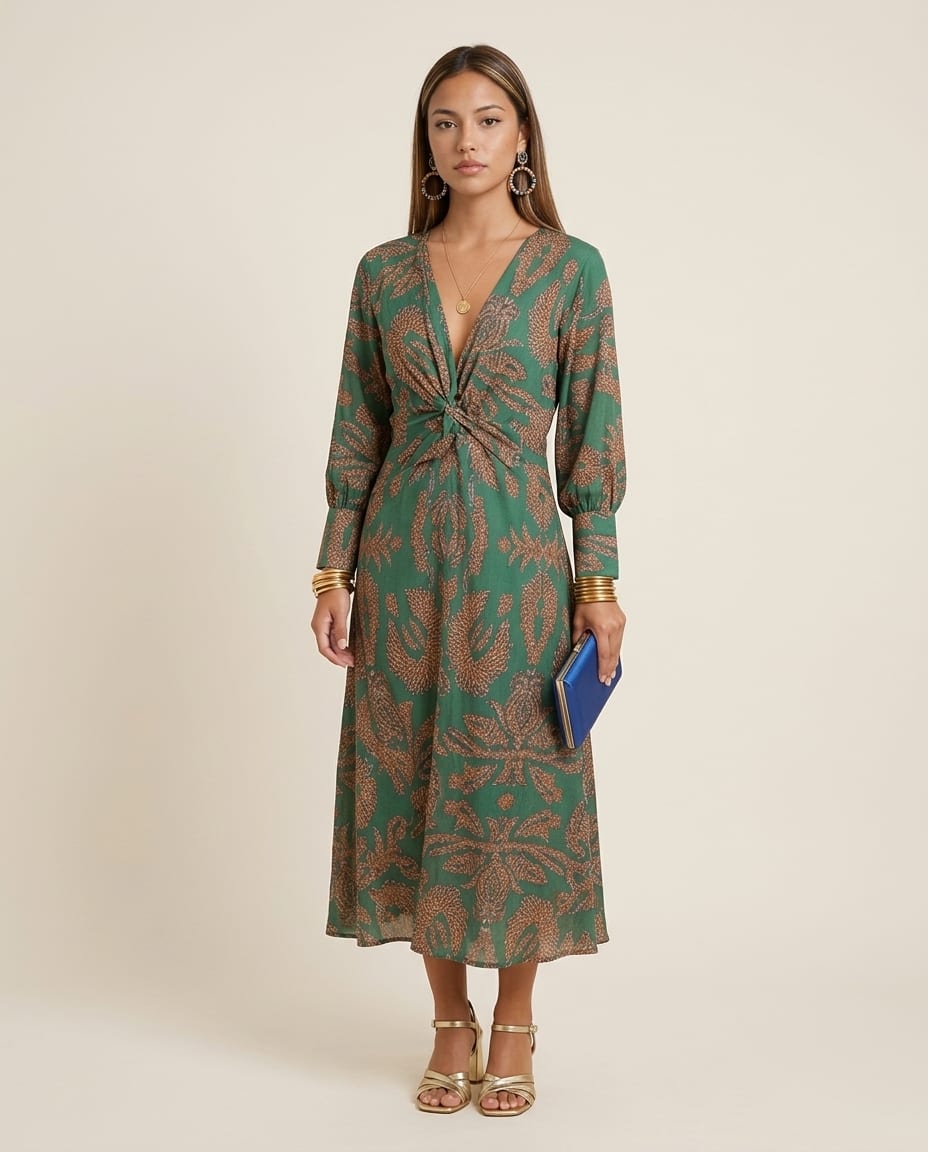 Long Sleeve V - Neck Maxi Dress with Printed Pattern - Elestira