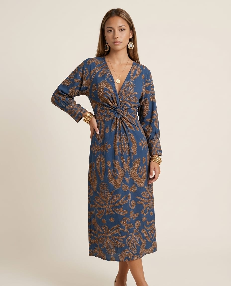 Long Sleeve V - Neck Maxi Dress with Printed Pattern - Elestira