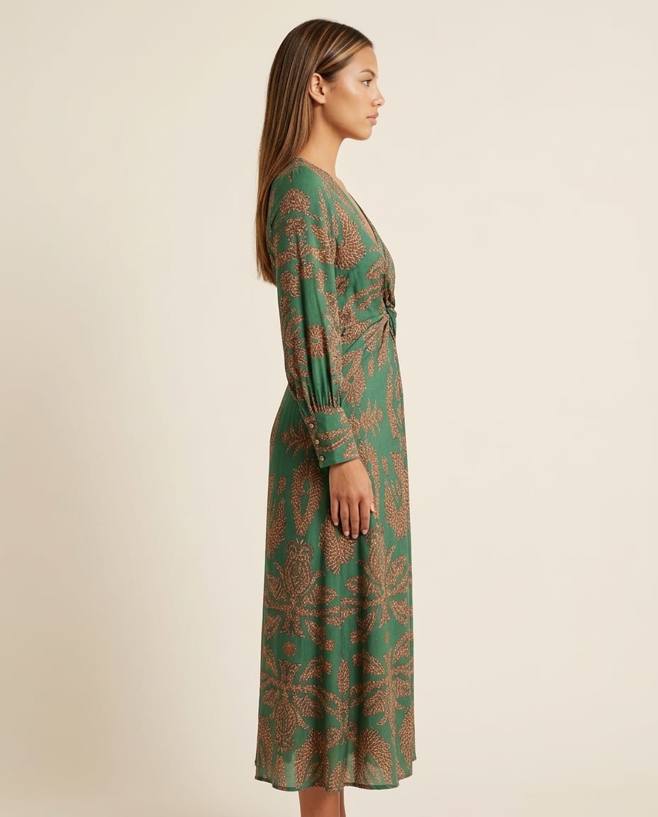Long Sleeve V - Neck Maxi Dress with Printed Pattern - Elestira