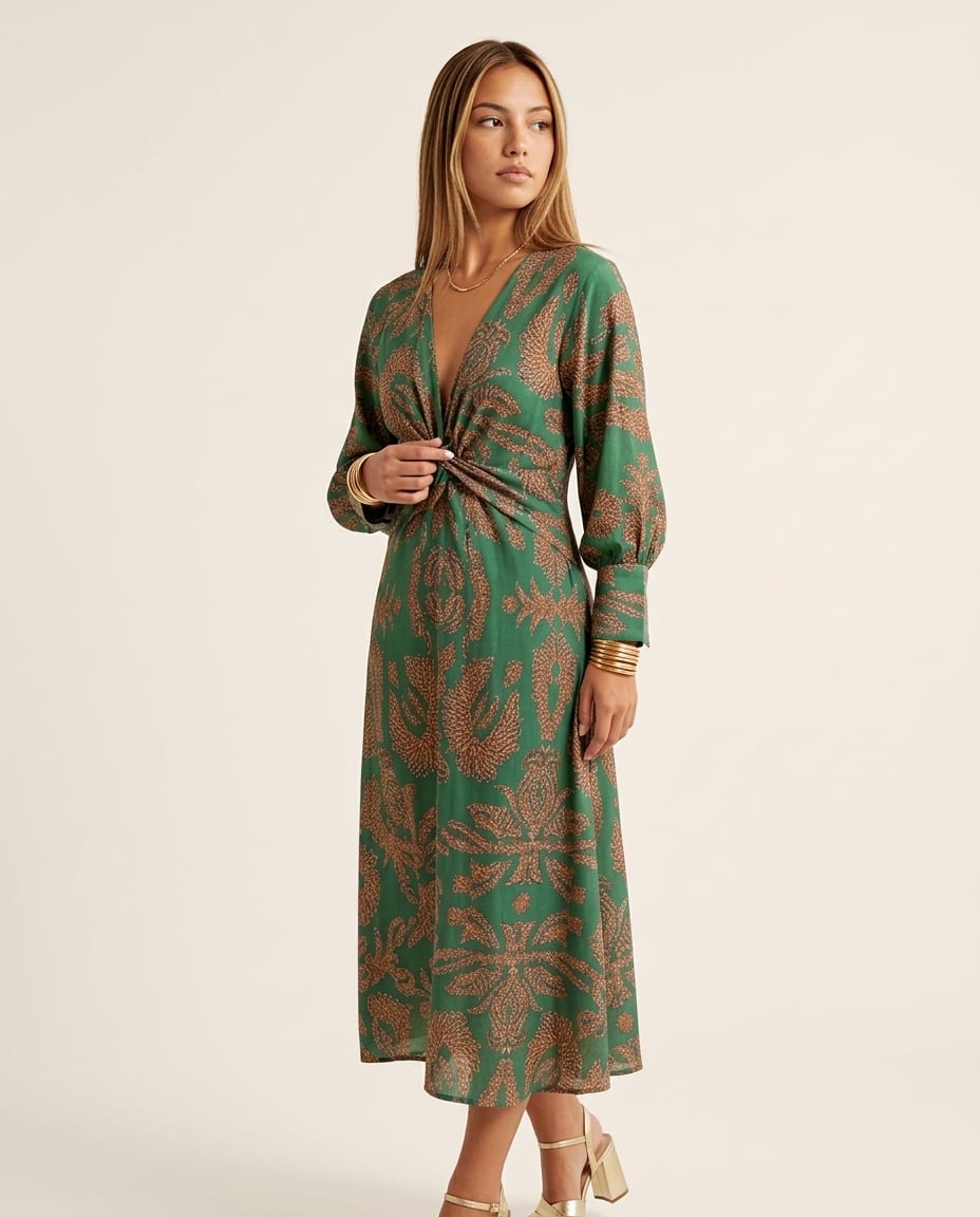 Long Sleeve V - Neck Maxi Dress with Printed Pattern - Elestira