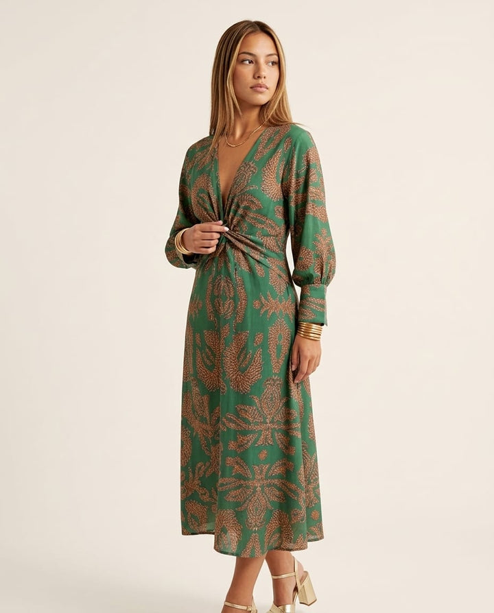 Long Sleeve V - Neck Maxi Dress with Printed Pattern - Elestira
