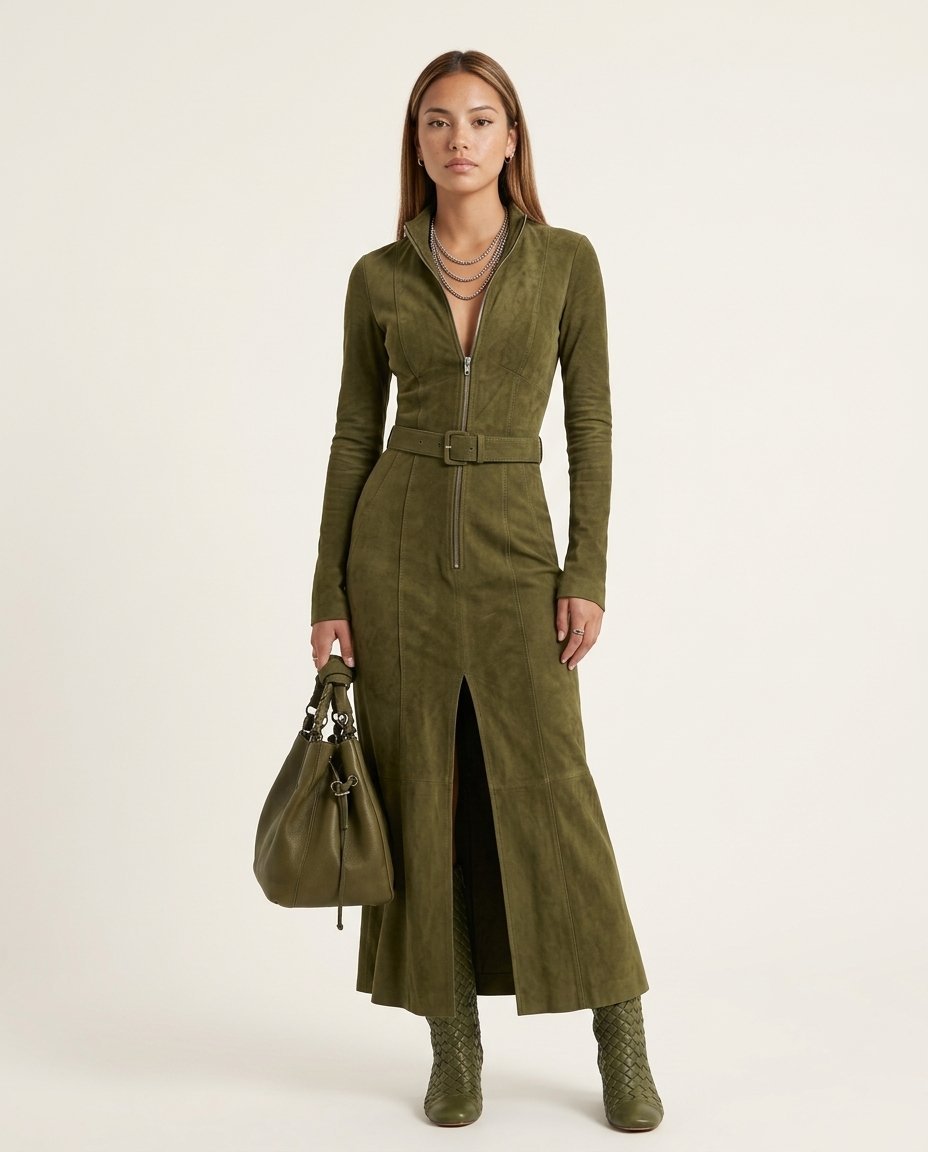 Long Sleeve Zip - Front Maxi Dress with Waist Belt - Elestira