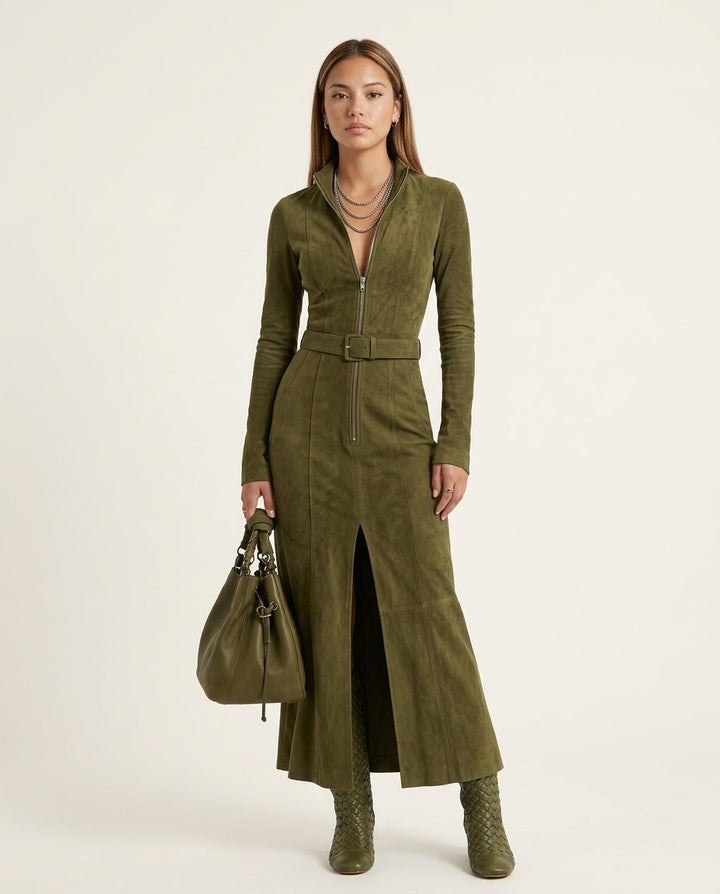 Long Sleeve Zip - Front Maxi Dress with Waist Belt - Elestira