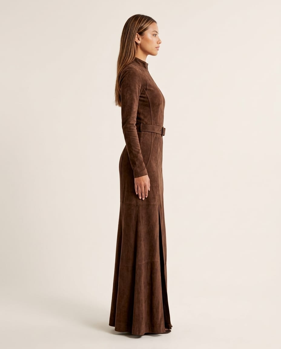Long Sleeve Zip - Front Maxi Dress with Waist Belt - Elestira