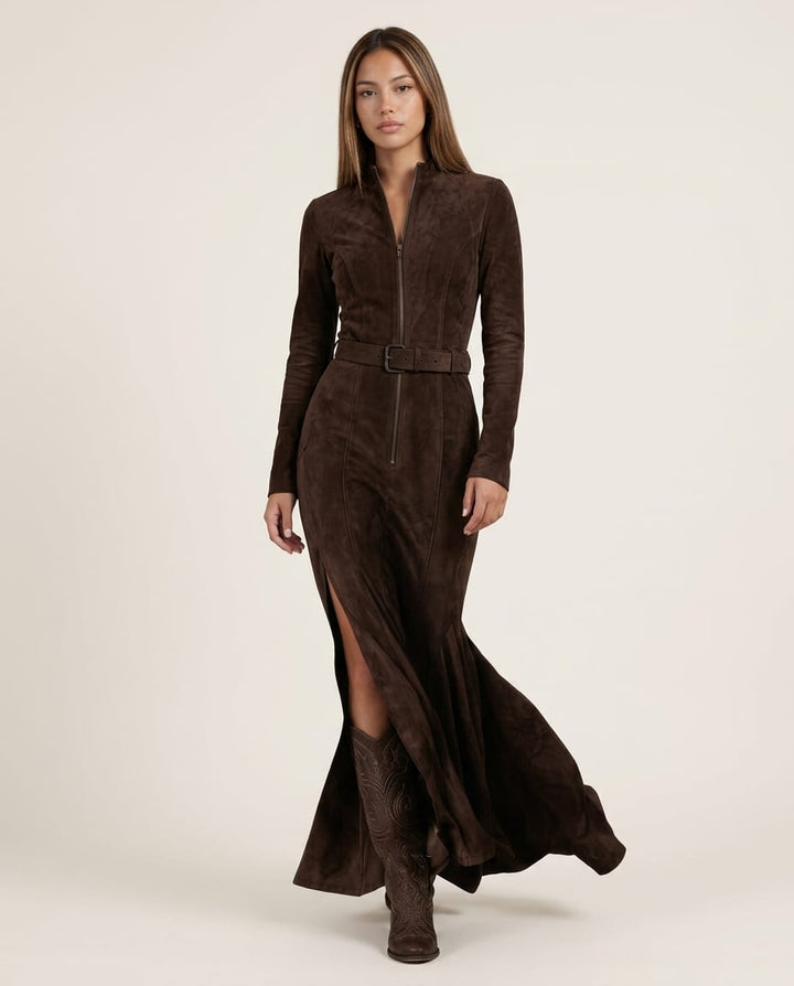 Long Sleeve Zip - Front Maxi Dress with Waist Belt - Elestira