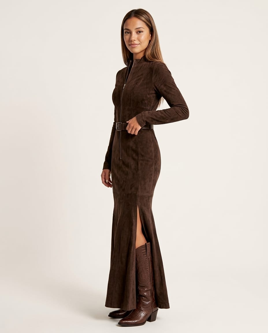 Long Sleeve Zip - Front Maxi Dress with Waist Belt - Elestira