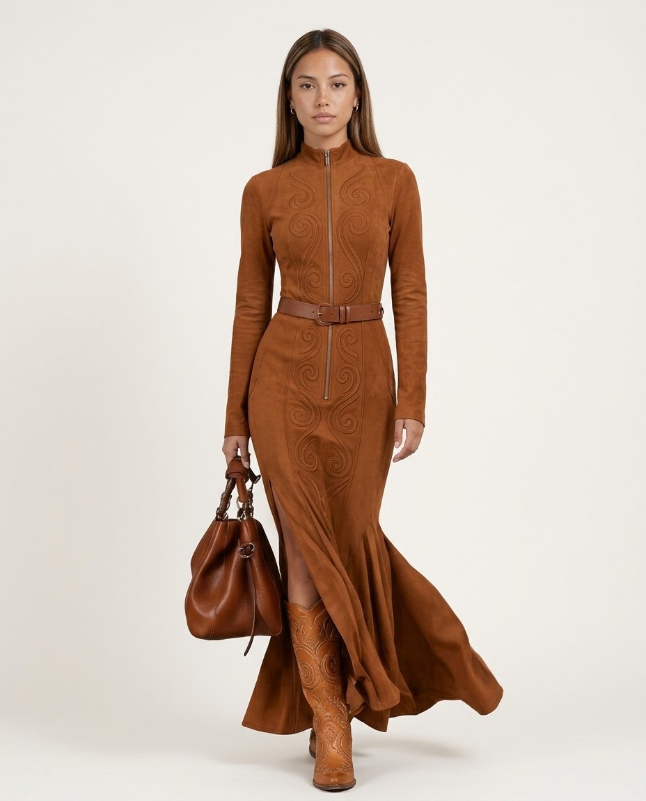 Long Sleeve Zip - Front Maxi Dress with Waist Belt - Elestira