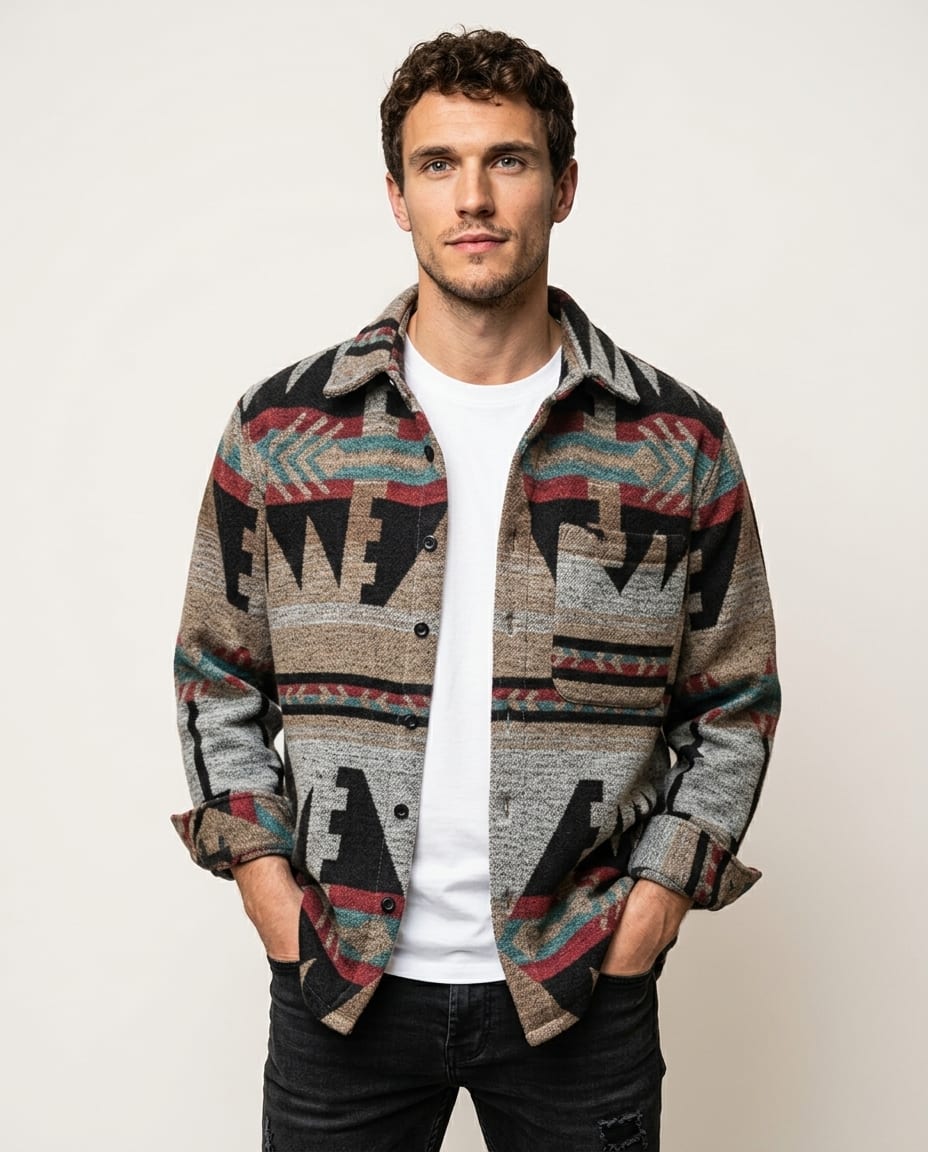 Men's Geometric Pattern Long Sleeve Button - Down Shirt - Elestira