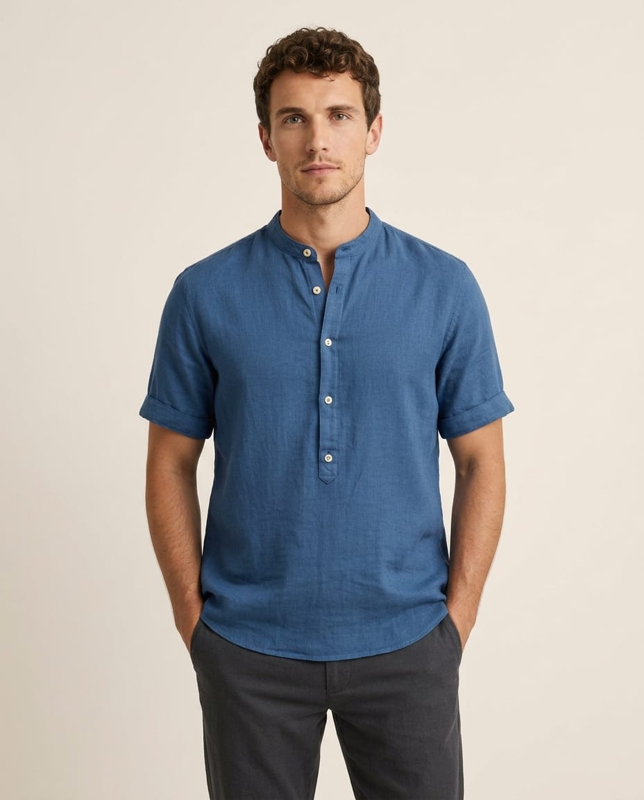 Men's Short Sleeve Shirt with Band Collar - Elestira