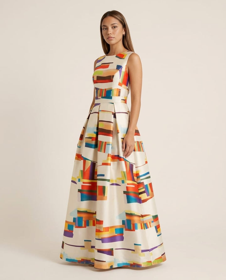 Modern Sleeveless Maxi Dress with Vibrant Print for Formal Occasions - Elestira