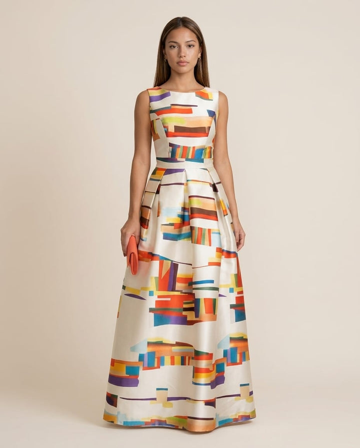 Modern Sleeveless Maxi Dress with Vibrant Print for Formal Occasions - Elestira