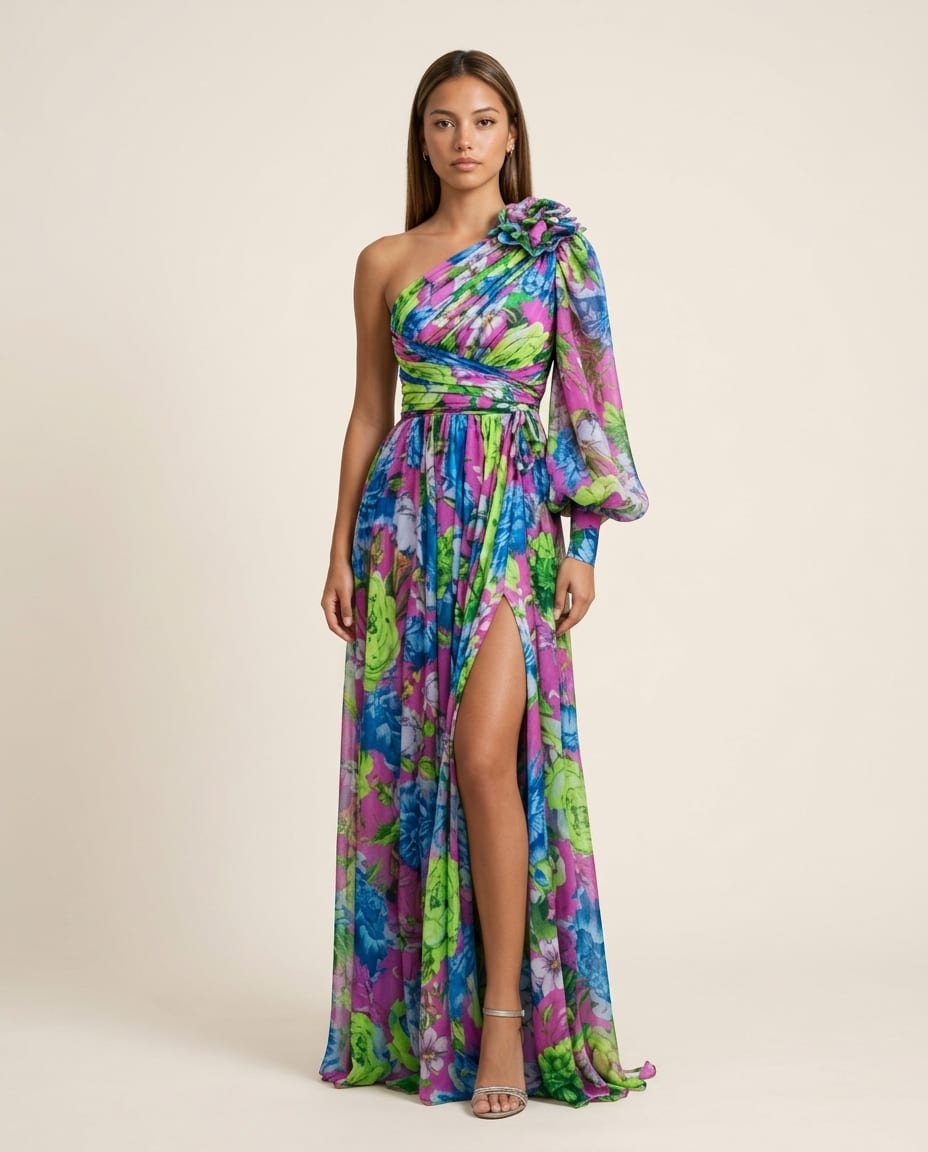 One Shoulder Floral Maxi Dress with High Slit - Elestira