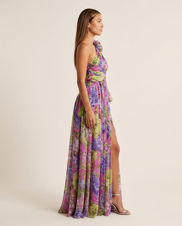 One Shoulder Floral Maxi Dress with High Slit - Elestira