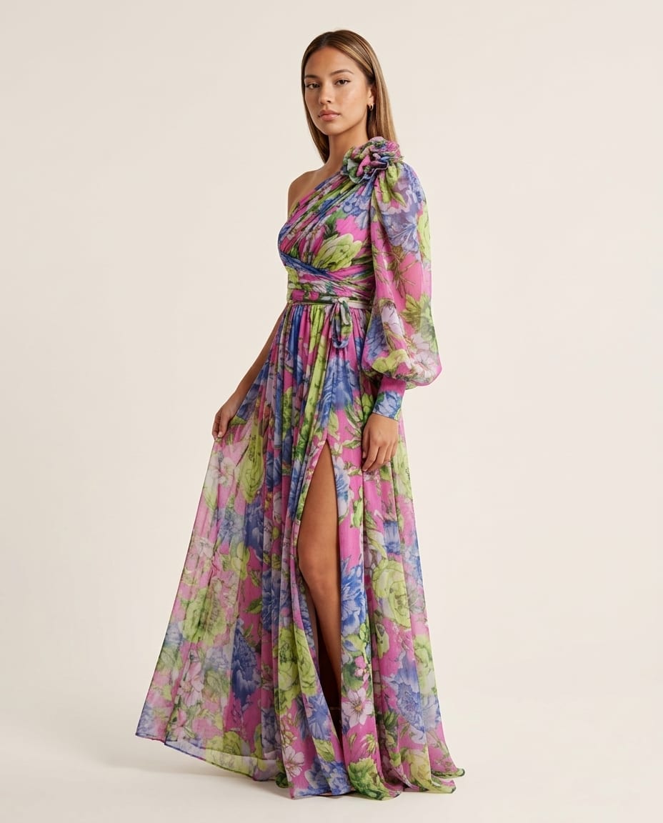 One Shoulder Floral Maxi Dress with High Slit - Elestira