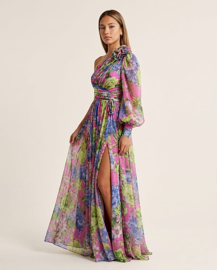 One Shoulder Floral Maxi Dress with High Slit - Elestira