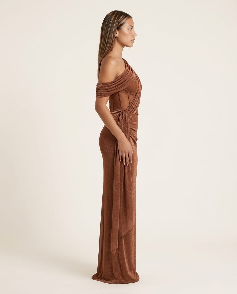 One - Shoulder Ruched Evening Maxi Dress - Elestira