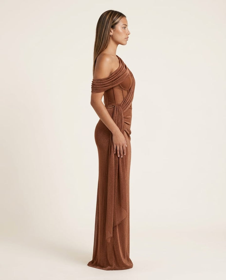 One - Shoulder Ruched Evening Maxi Dress - Elestira