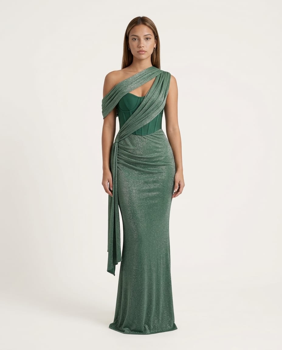 One - Shoulder Ruched Evening Maxi Dress - Elestira