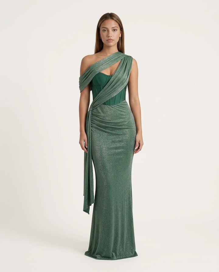 One - Shoulder Ruched Evening Maxi Dress - Elestira