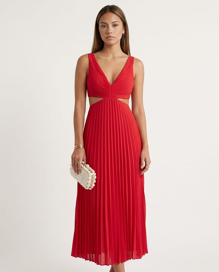 Pleated Sleeveless V - Neck Maxi Dress - Elestira