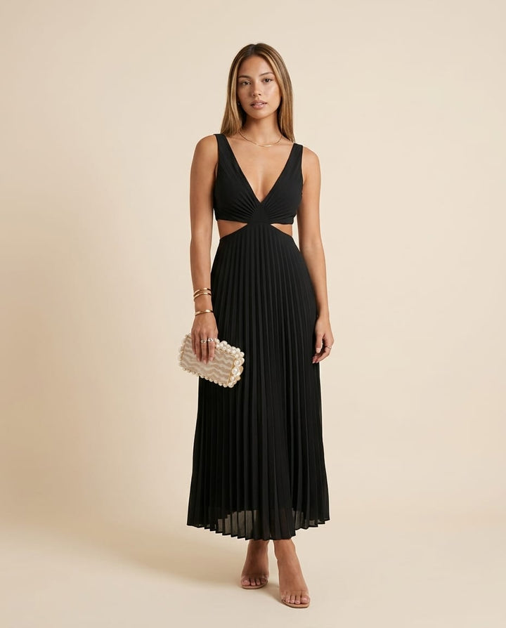 Pleated Sleeveless V - Neck Maxi Dress - Elestira