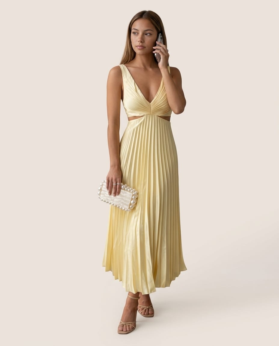 Pleated Sleeveless V - Neck Maxi Dress - Elestira