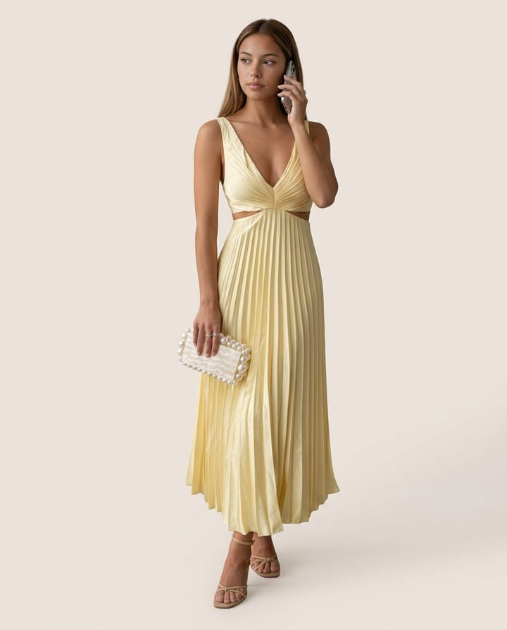 Pleated Sleeveless V - Neck Maxi Dress - Elestira