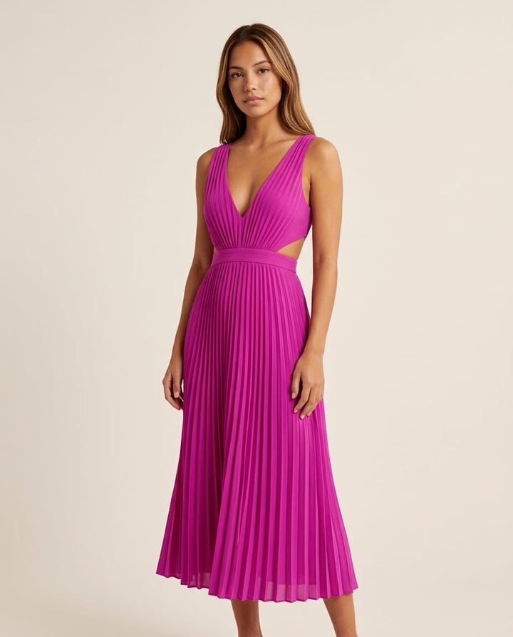 Pleated Sleeveless V - Neck Maxi Dress - Elestira
