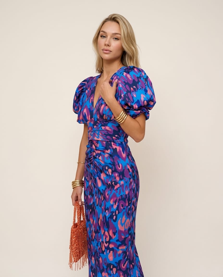 Puff Sleeve Midi Dress - Elestira