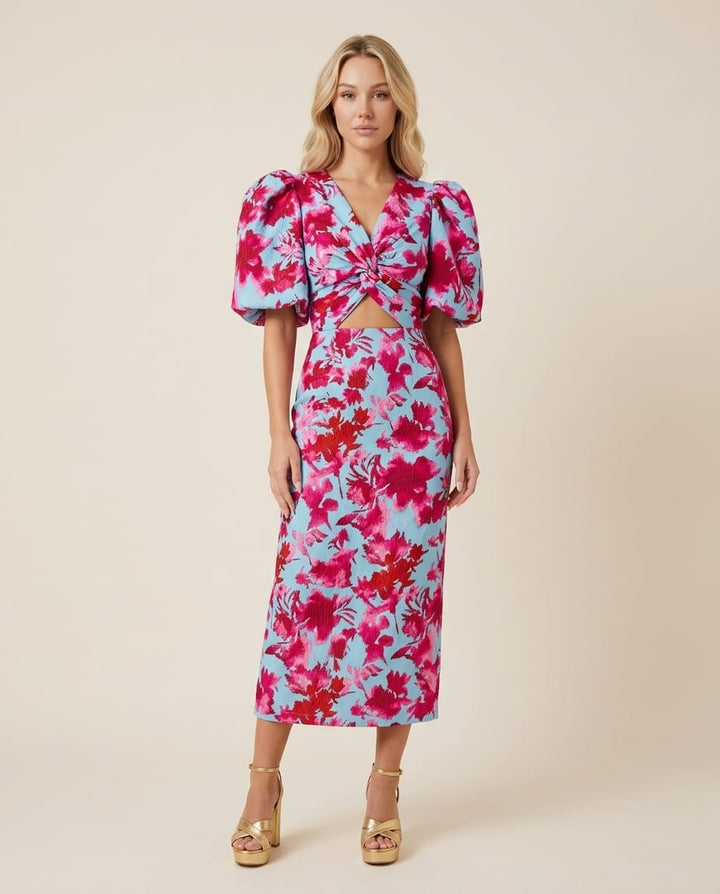 Puff Sleeve Midi Dress - Elestira