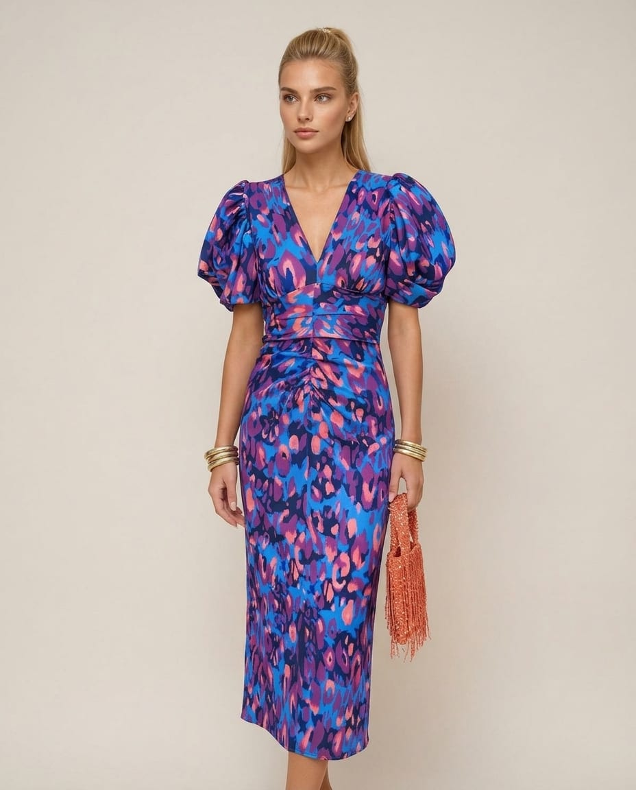 Puff Sleeve Midi Dress - Elestira