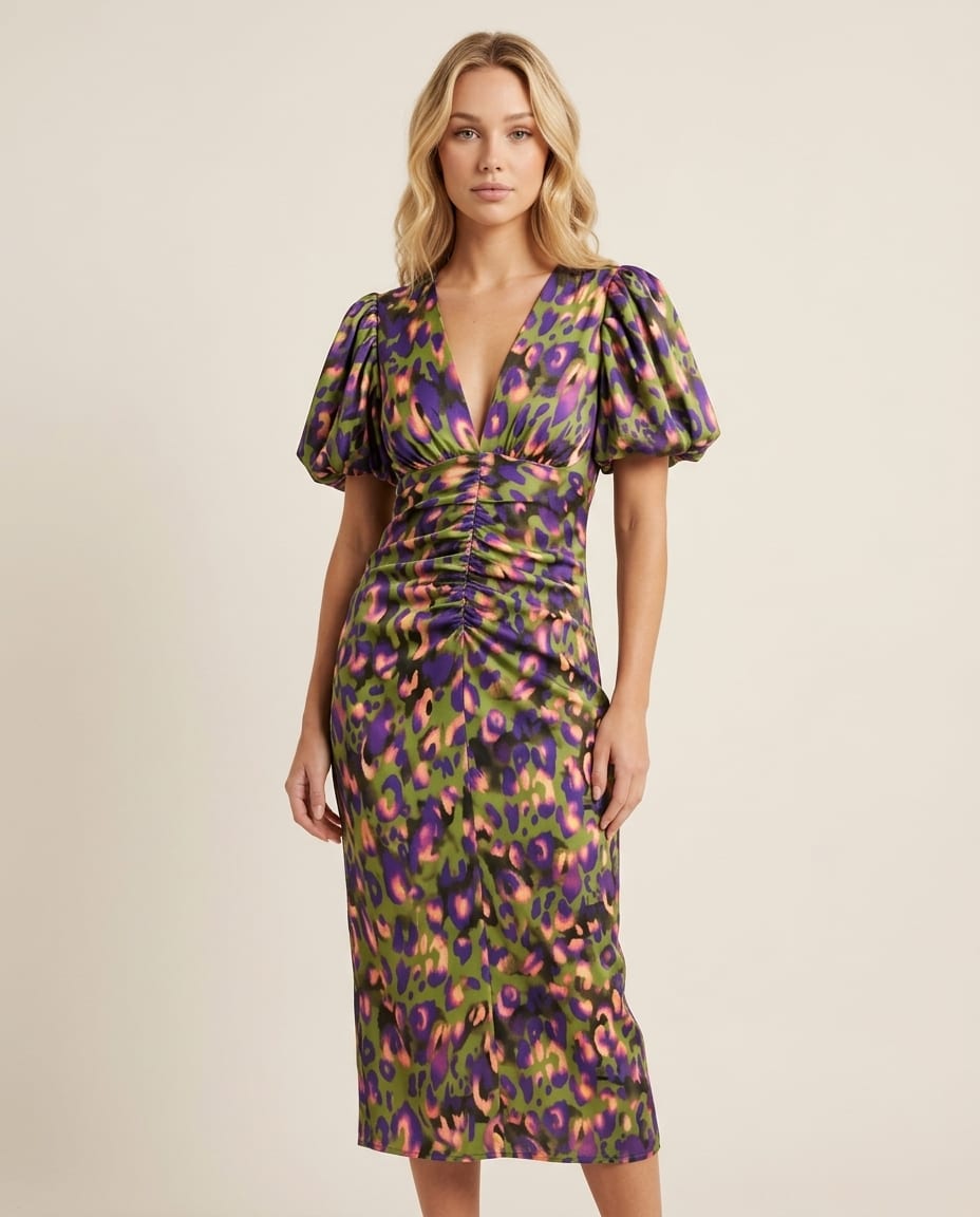 Puff Sleeve Midi Dress - Elestira