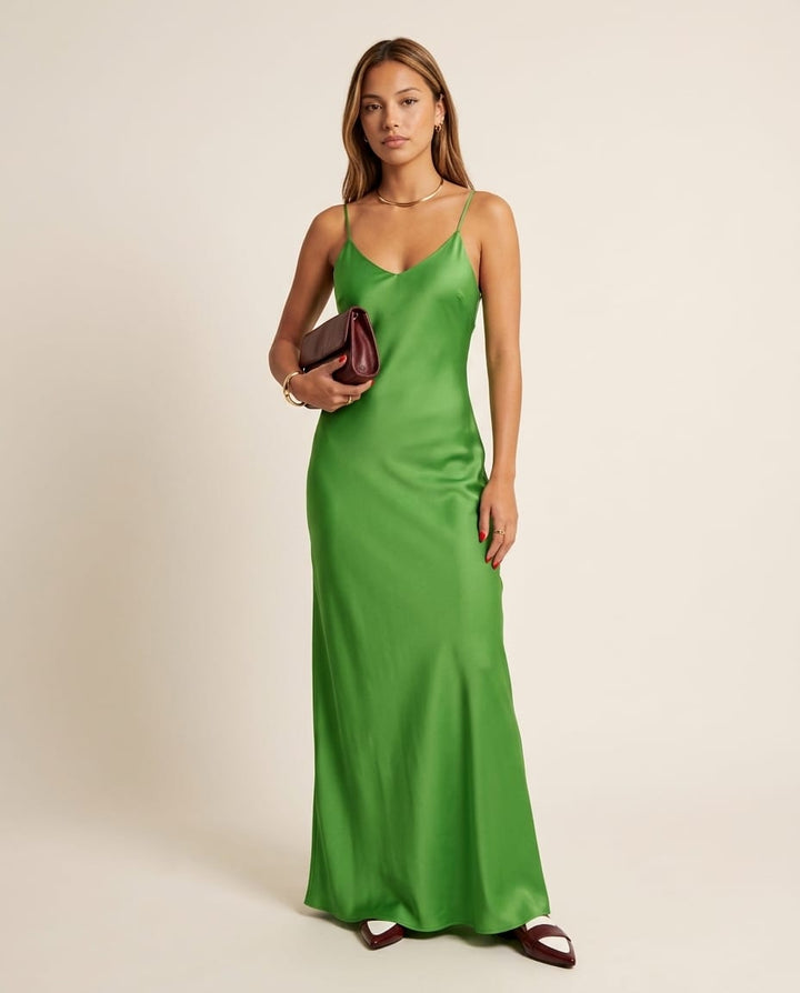 Satin Maxi Slip Dress with Spaghetti Straps - Elestira