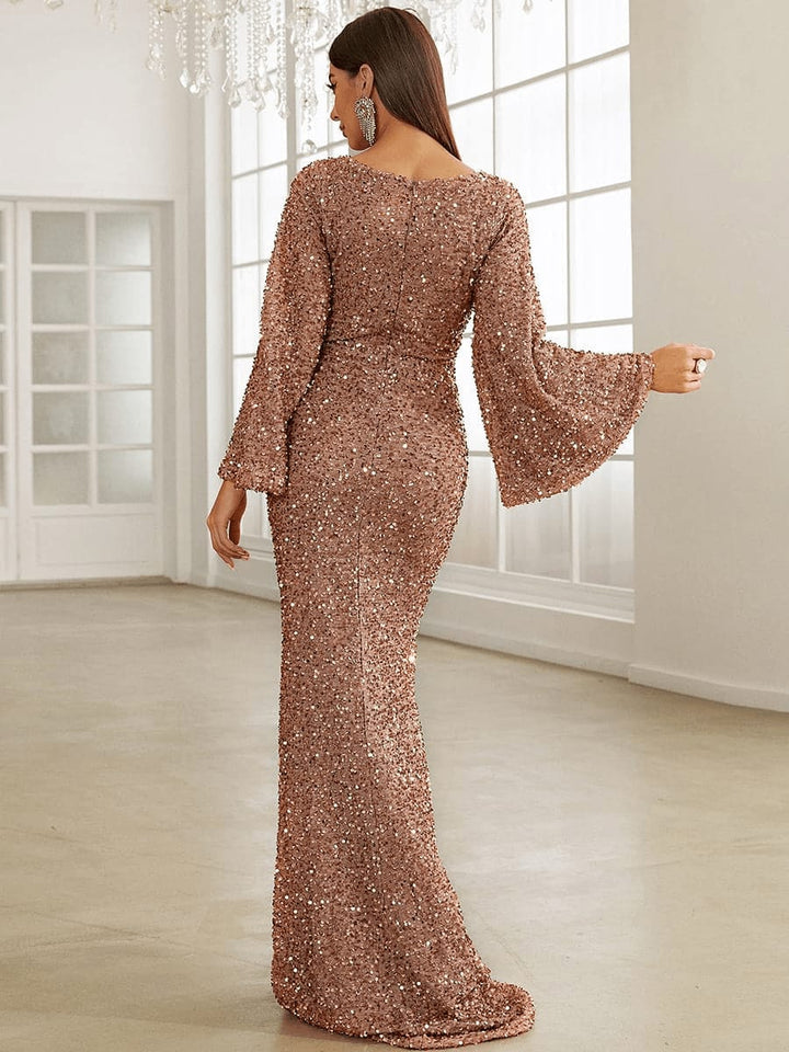 Sequined Maxi Wedding Guest Dress with V - Neckline - Elestira